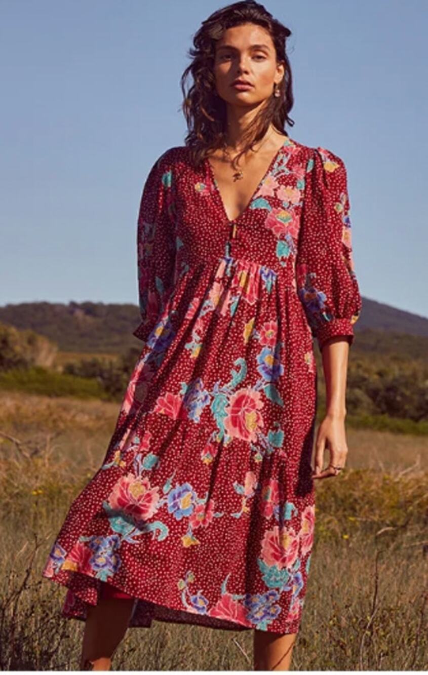 NWT Auguste The Label Gisele Orra Wine Midi Dress Boho Romantic Floral Medium
